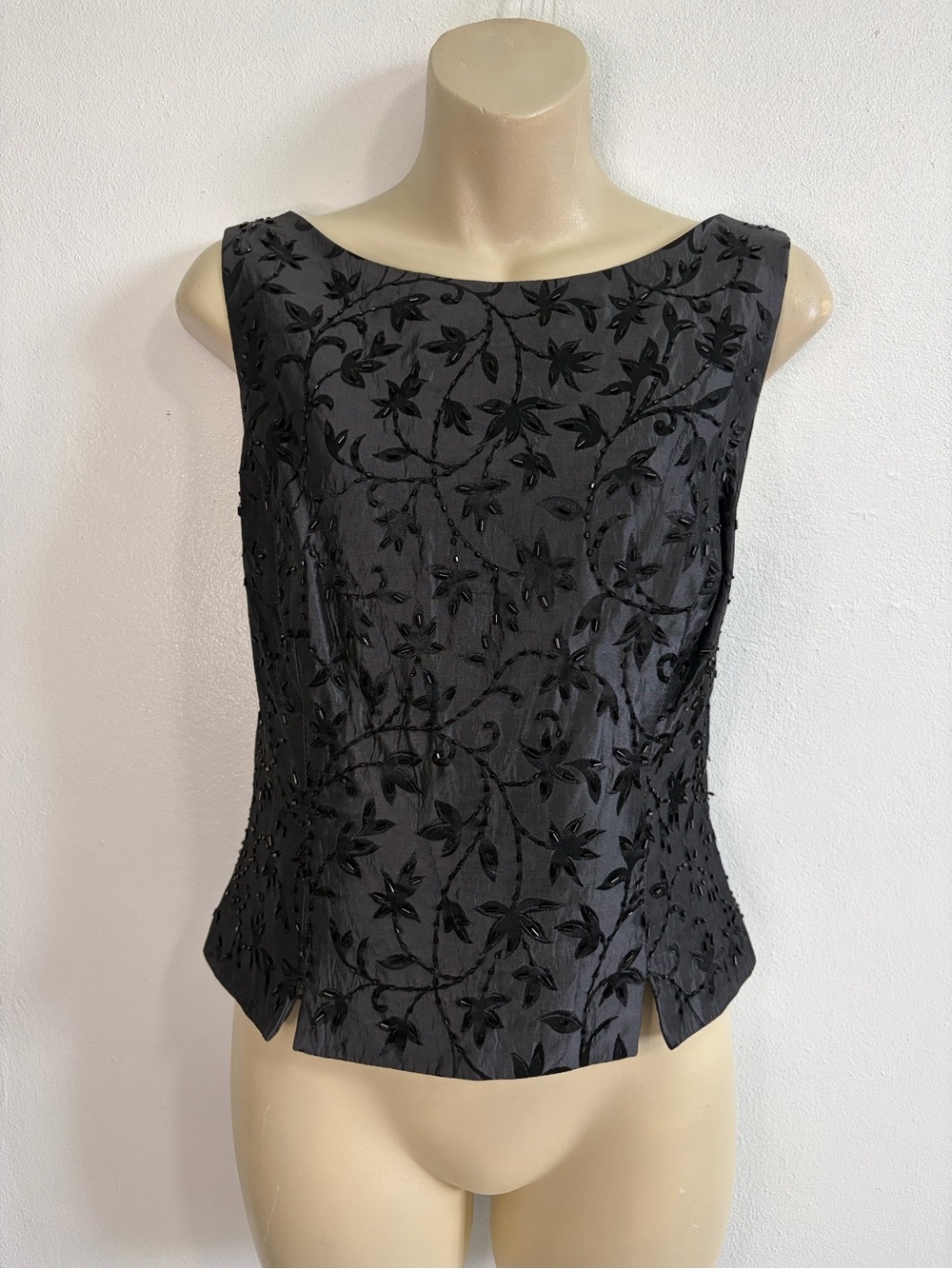 JS Collections Vintage Black Beaded Floral Taffeta Crop Top size 12